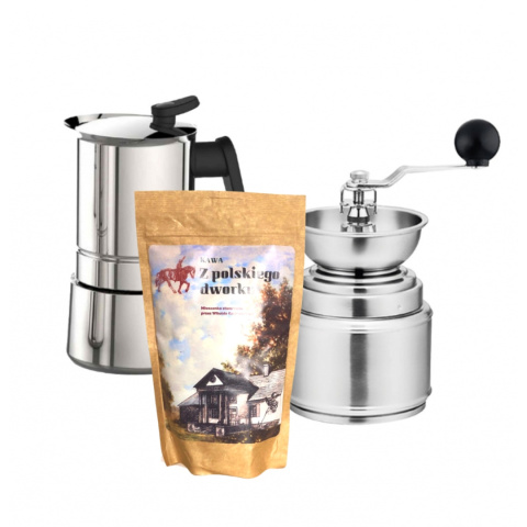 Zestaw Młynek Do Kawy - Forever Macinacaffè | Kawiarka Pedrini Steel Moka 6 TZ | Kawa "Z polskiego dworku" 250g